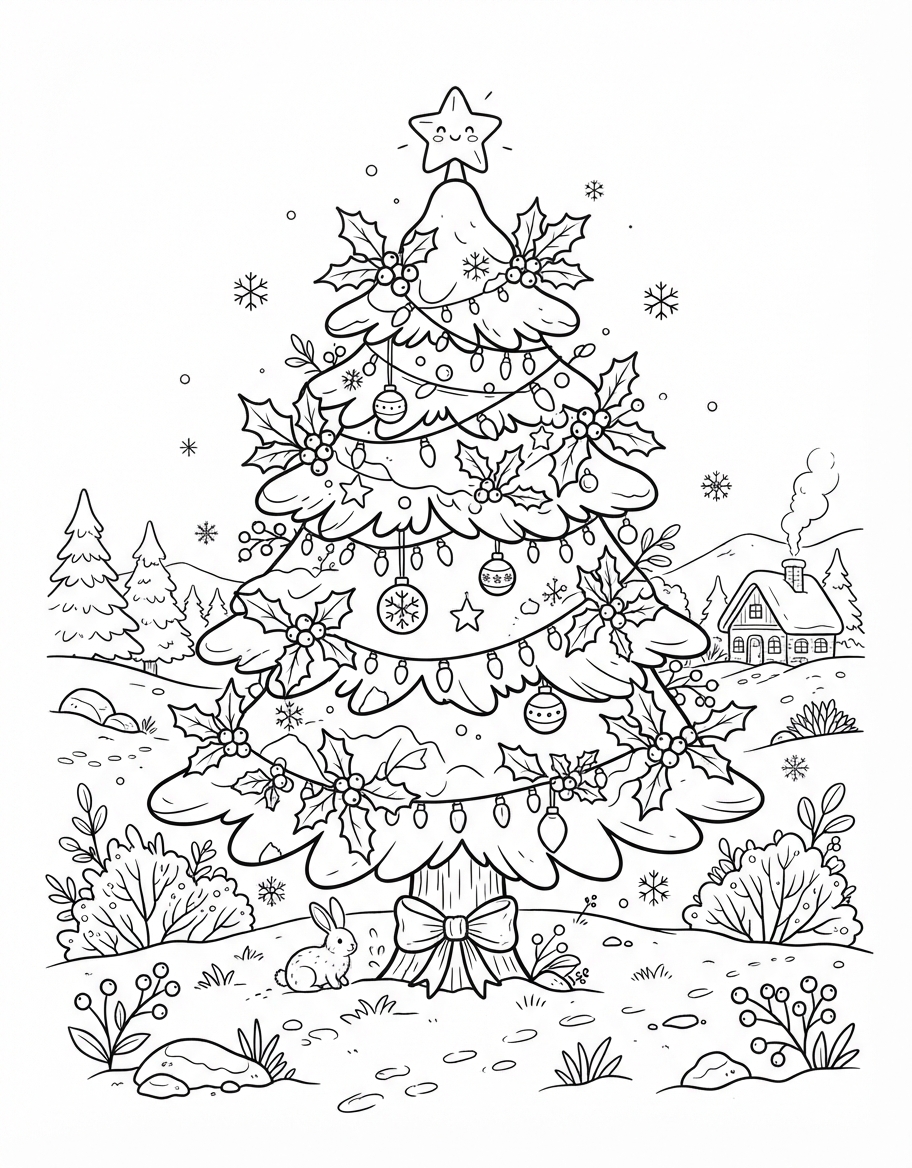Adorable Snowy Pine Tree with Holly and Berries coloring page - free printable outline