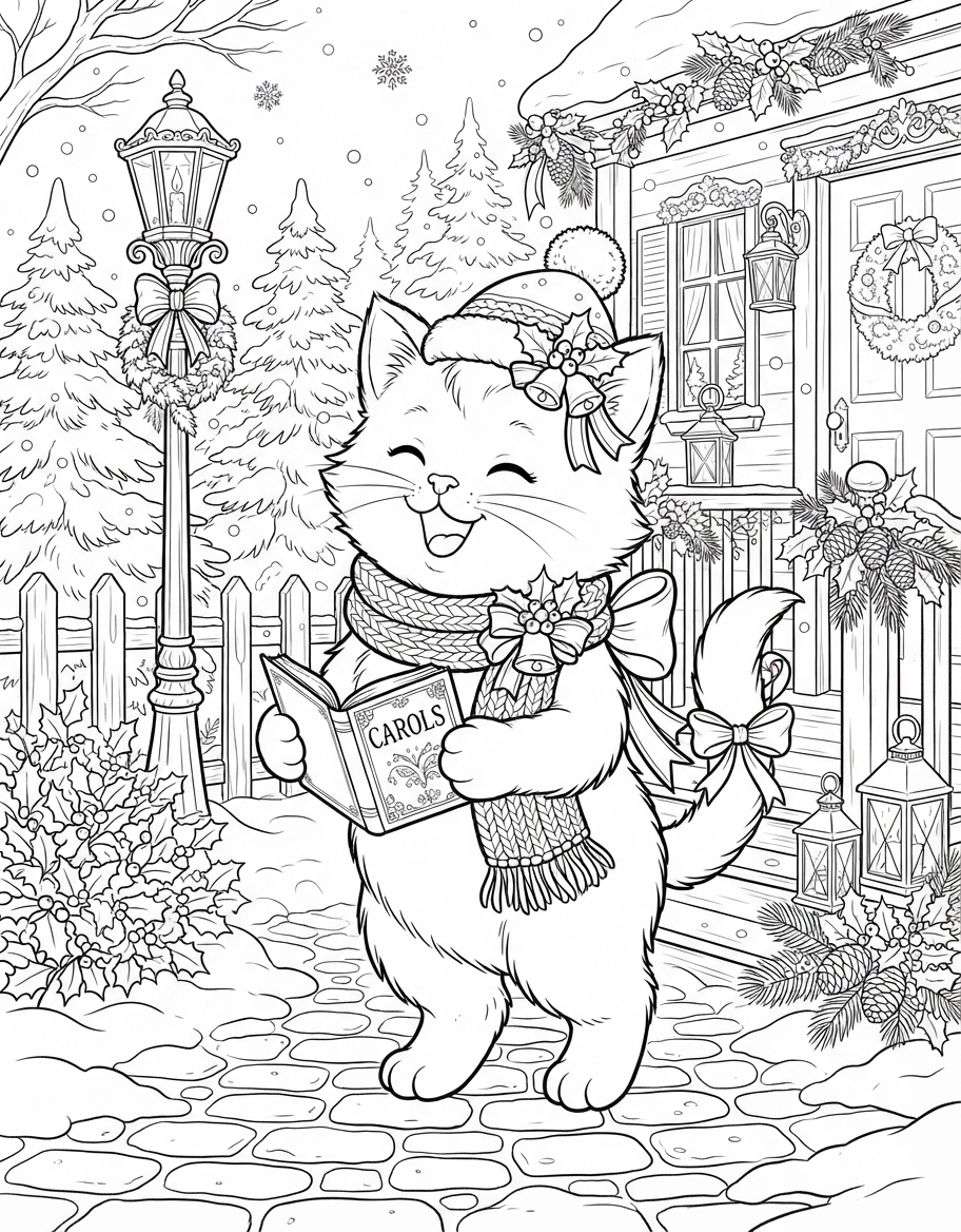 Charming Caroling Kitten with Festive Ribbons coloring page - free printable outline
