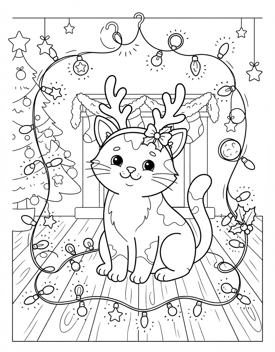 Charming Cat with Reindeer Ears surrounded by Christmas Lights coloring page - free printable outline
