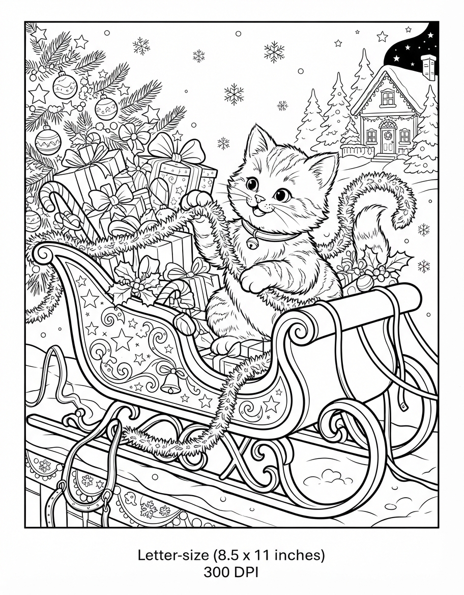 Charming Kitten on Santa Sleigh playing with Holiday Tinsel coloring page - free printable outline
