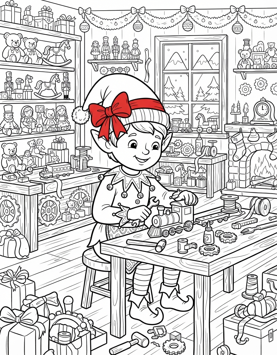 Charming North Pole Workshop Elf with a Red Bow Ribbon coloring page - free printable outline