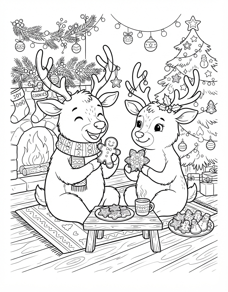Charming Reindeer with Antlers with Yummy Gingerbread Cookies coloring page - free printable outline
