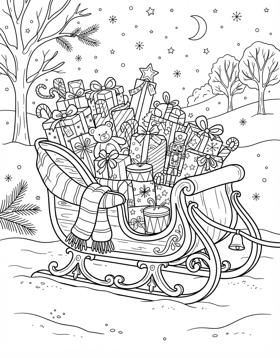 Charming Sleigh Full of Presents wearing a Soft Winter Scarf coloring page - free printable outline