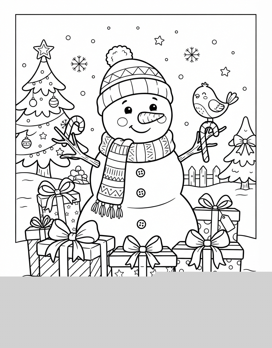 Charming Snowman with Scarf with Bright Wrapped Gifts coloring page - free printable outline