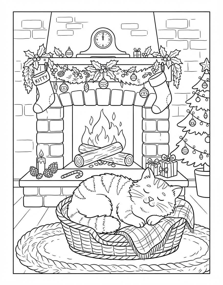 Cheerful Fluffy Cat Sleeping by Fire decorated for the Holidays coloring page - free printable outline