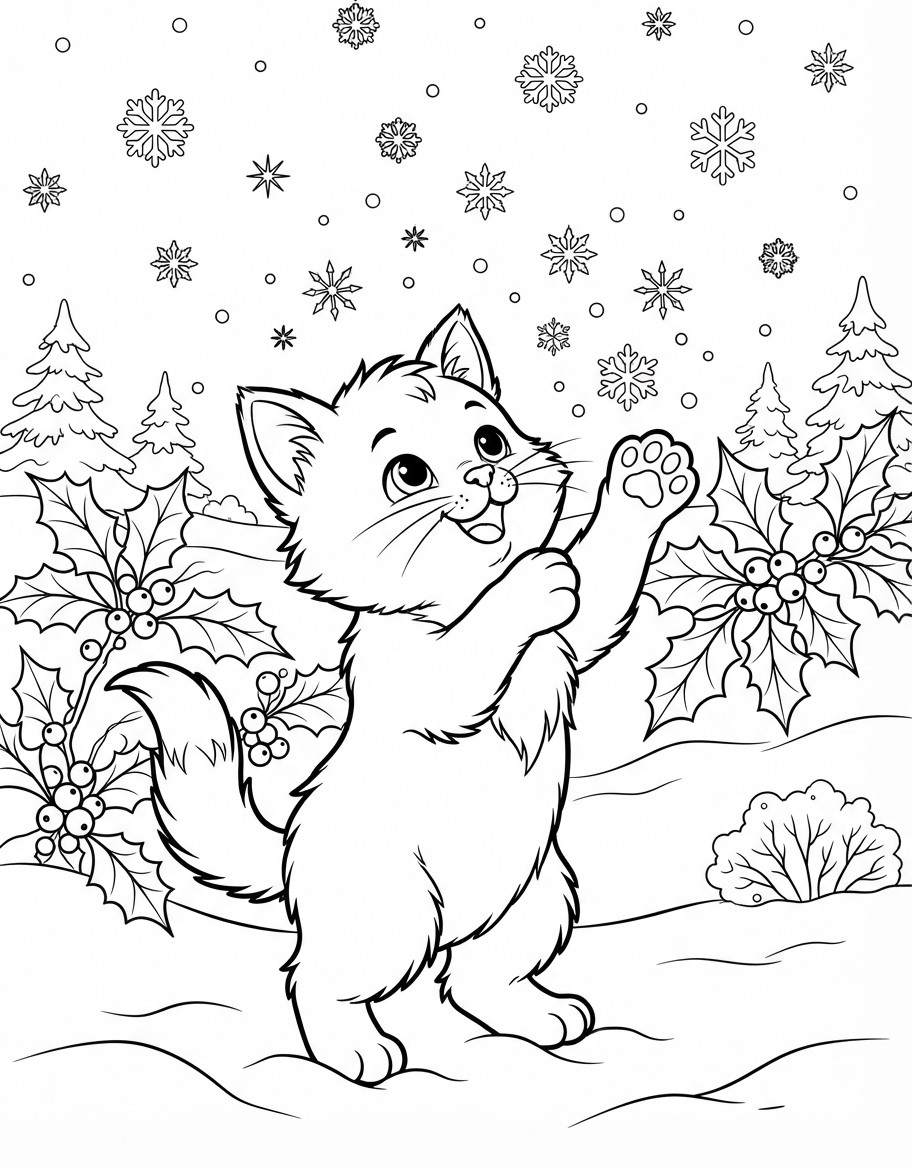 Cheerful Kitten Catching Snowflakes with Holly and Berries coloring page - free printable outline