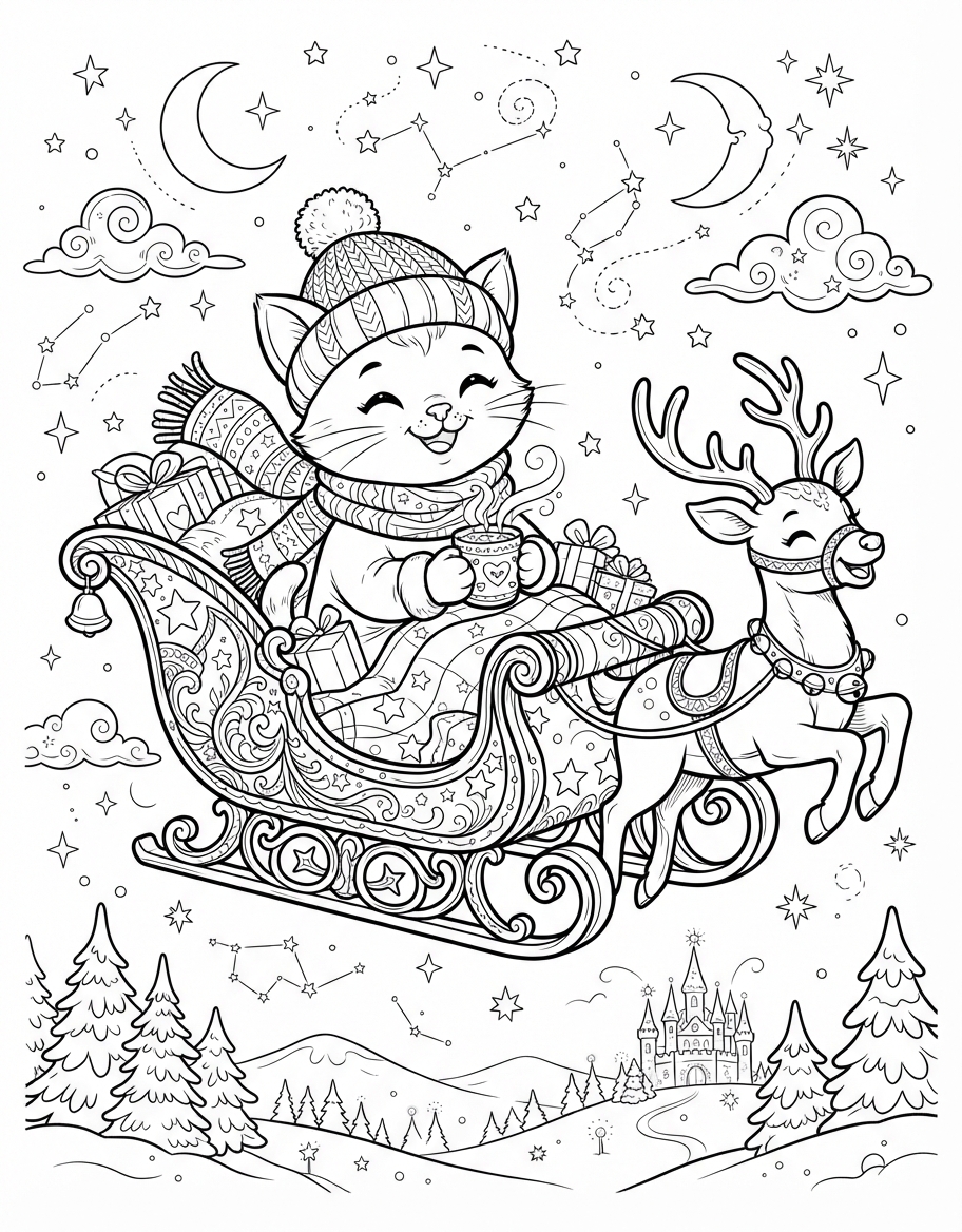 Cheerful Kitten Sipping Hot Cocoa on a Magical Sleigh Ride coloring page - free printable outline