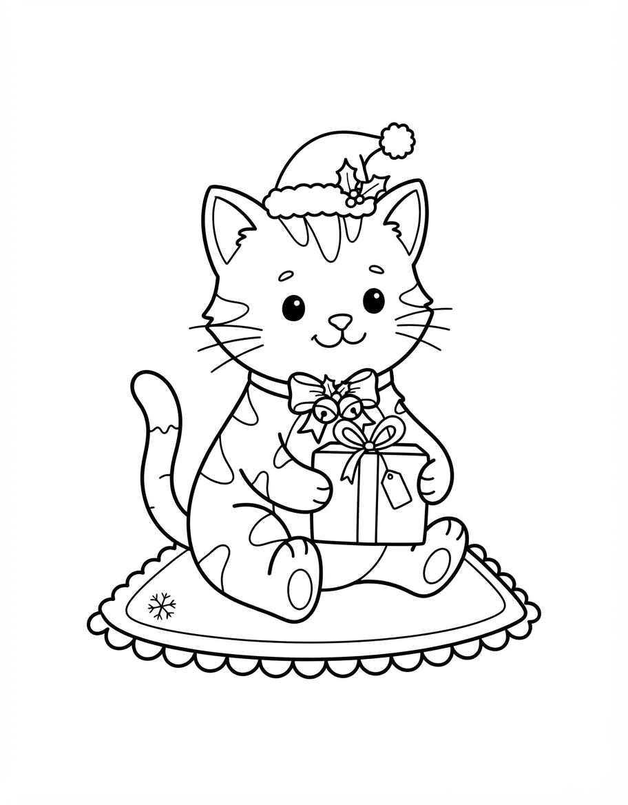 Christmas Card Kitten coloring page - free printable outline