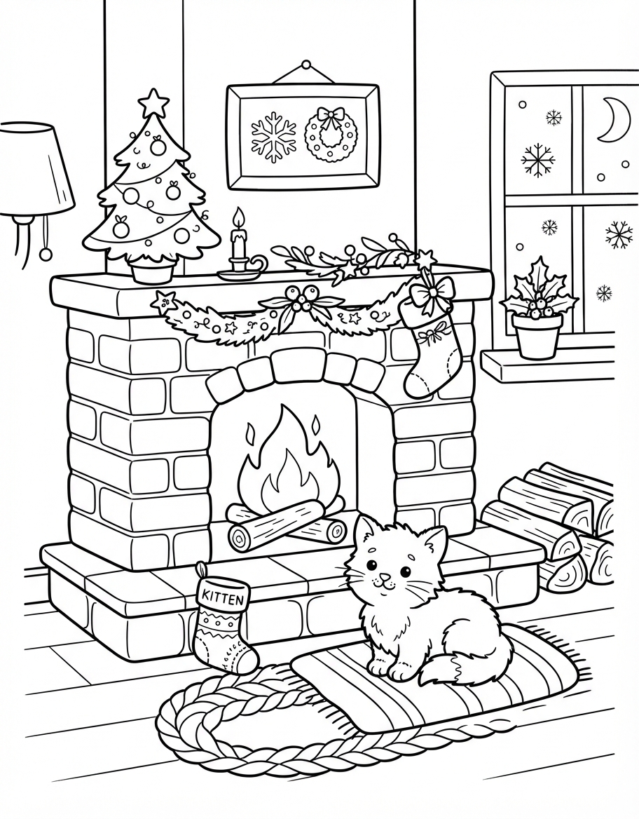 Christmas Fireplace Kitten coloring page - free printable outline