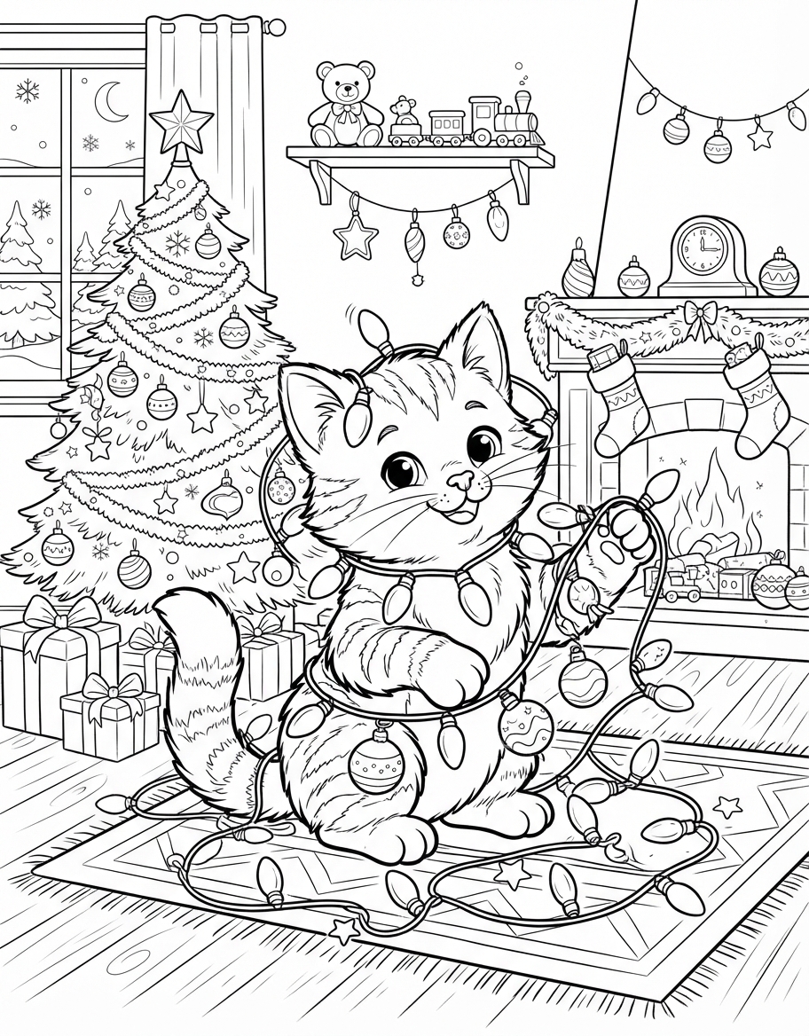 Christmas Lights Kitten coloring page - free printable outline