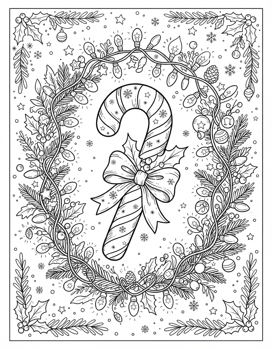 Cozy Candy Cane with Ribbon surrounded by Christmas Lights coloring page - free printable outline