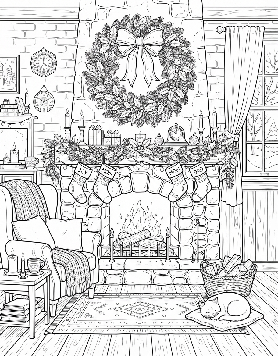 Cozy Christmas Wreath with Bow by the Cozy Fireplace coloring page - free printable outline