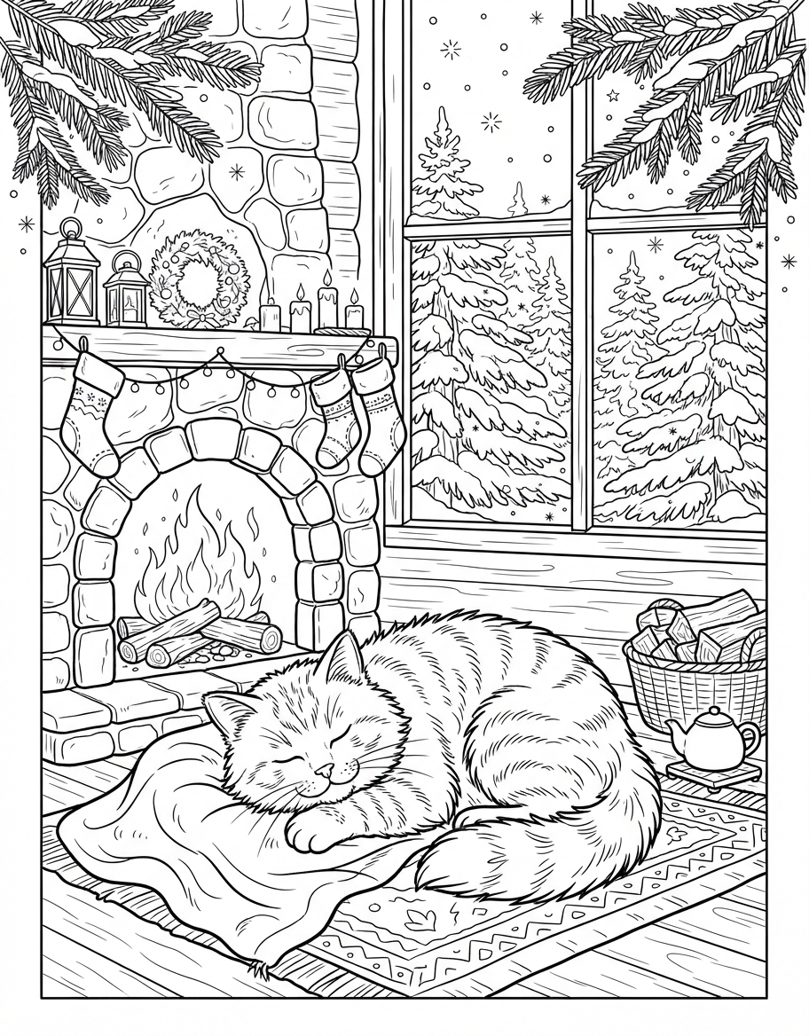 Cozy Fluffy Cat Sleeping by Fire among Snowy Pine Trees coloring page - free printable outline