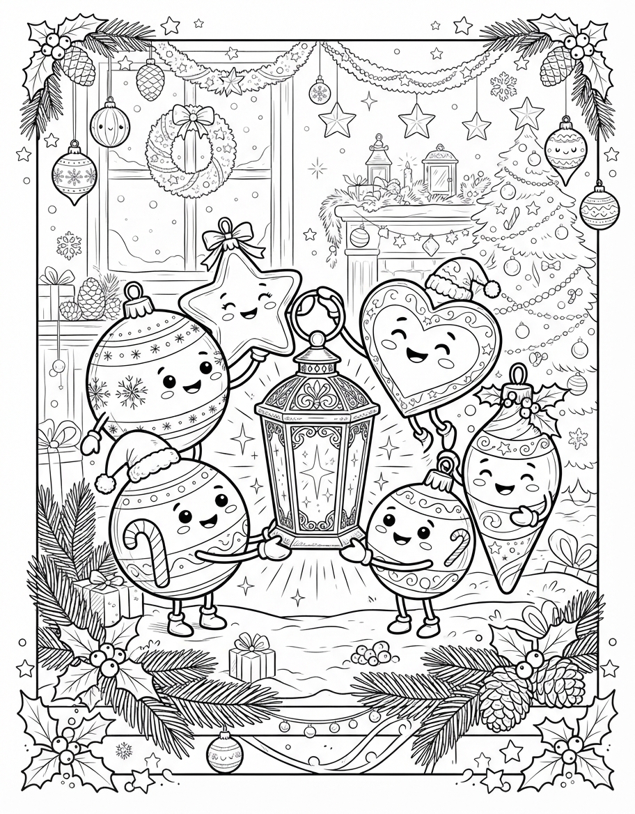 Cute Christmas Ornaments & Baubles holding a Glowing Lantern coloring page - free printable outline