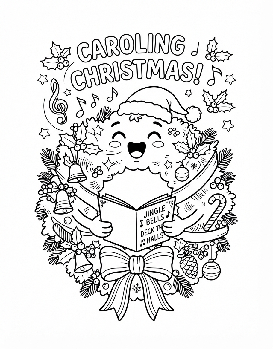 Cute Christmas Wreath with Bow singing Joyful Christmas Carols coloring page - free printable outline