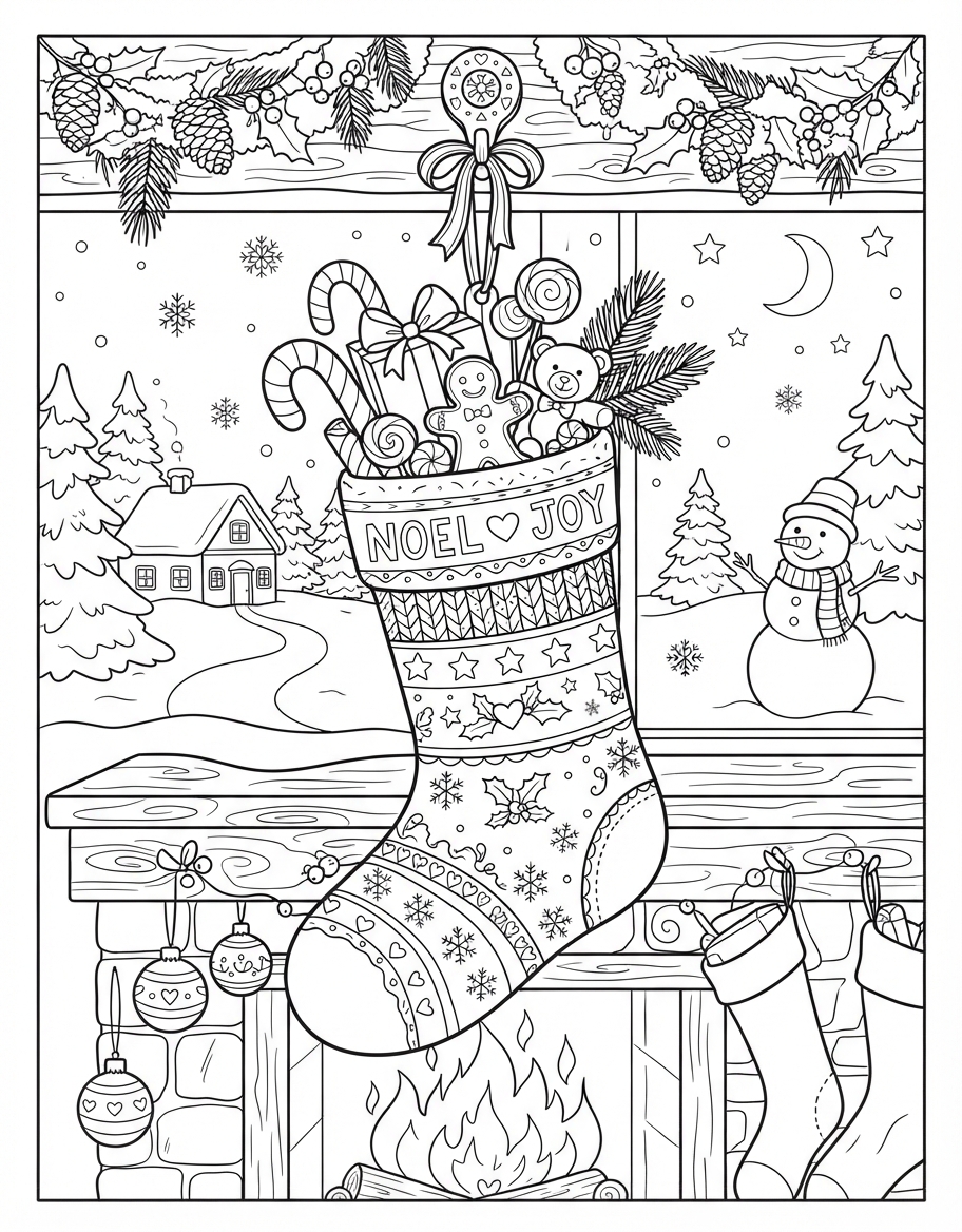 Delightful Christmas Stocking with Candy in Winter Wonderland coloring page - free printable outline