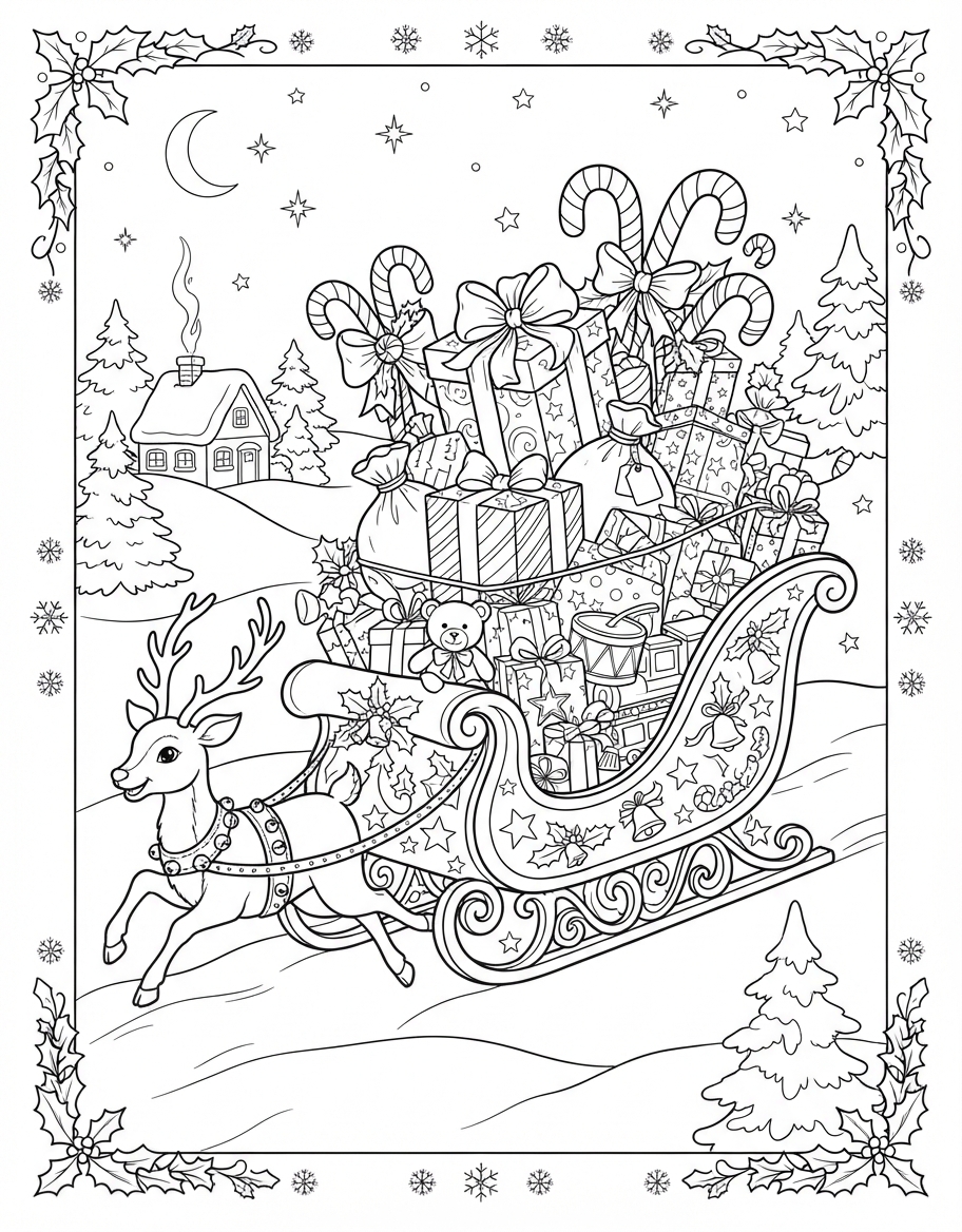Delightful Sleigh Full of Presents with Peppermint Candy Canes coloring page - free printable outline