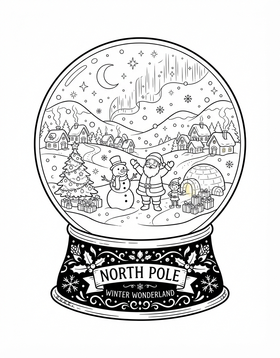 Delightful Snowglobe with Winter Scene at the North Pole coloring page - free printable outline