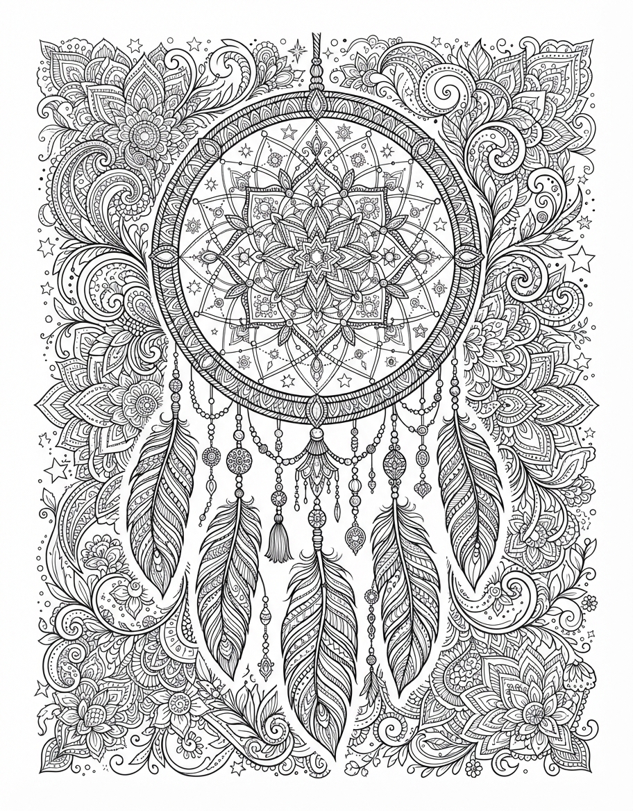 Dreamcatcher & Stars coloring page - free printable outline