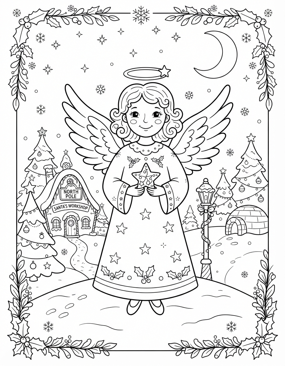 Festive Christmas Angel with Wings at the North Pole coloring page - free printable outline