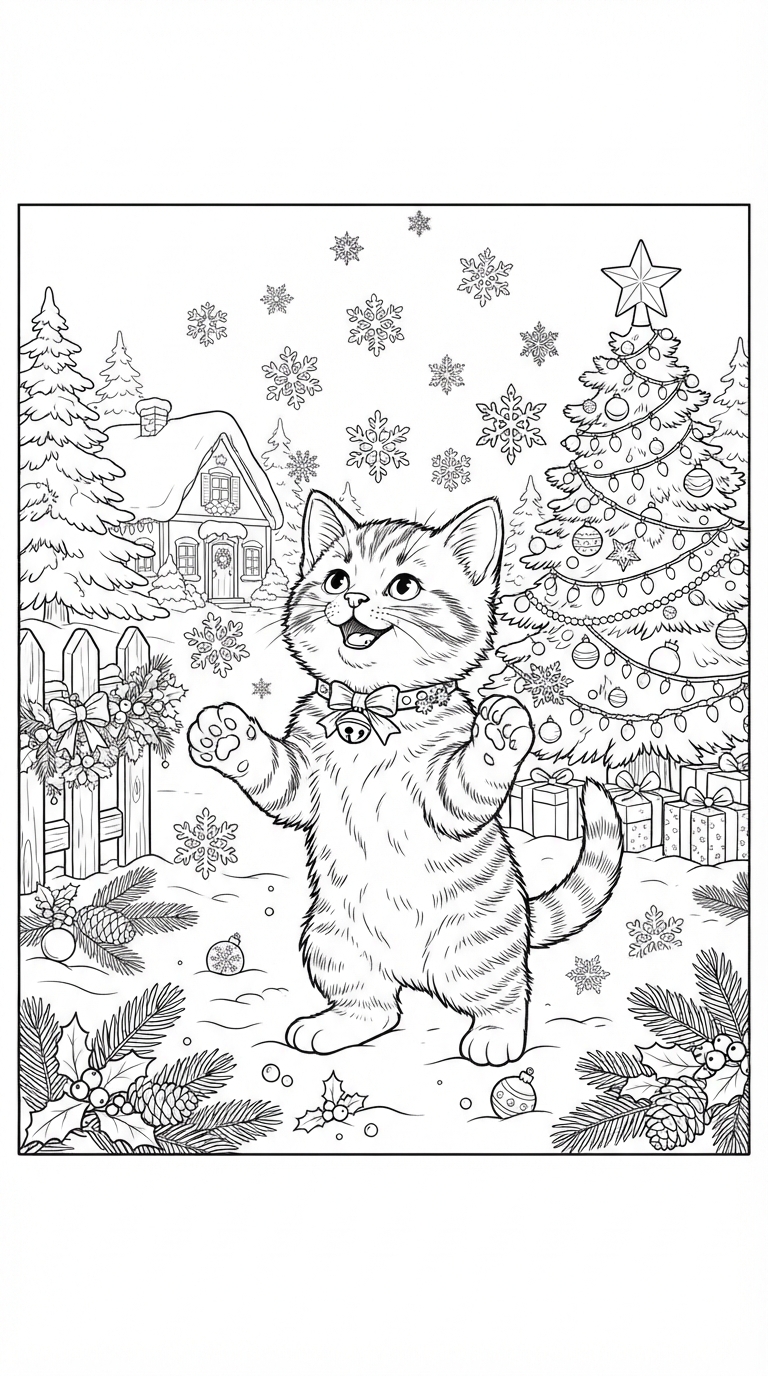 Festive Kitten Catching Snowflakes decorated for the Holidays coloring page - free printable outline