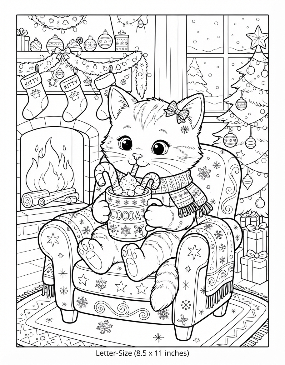 Festive Kitten Sipping Hot Cocoa with Peppermint Candy Canes coloring page - free printable outline