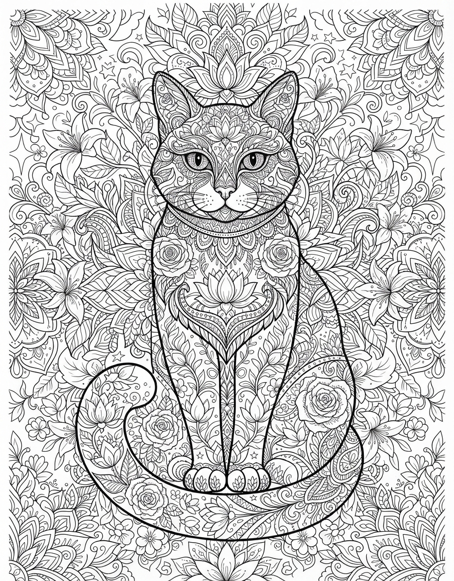 Floral Mandala Cat coloring page - free printable outline