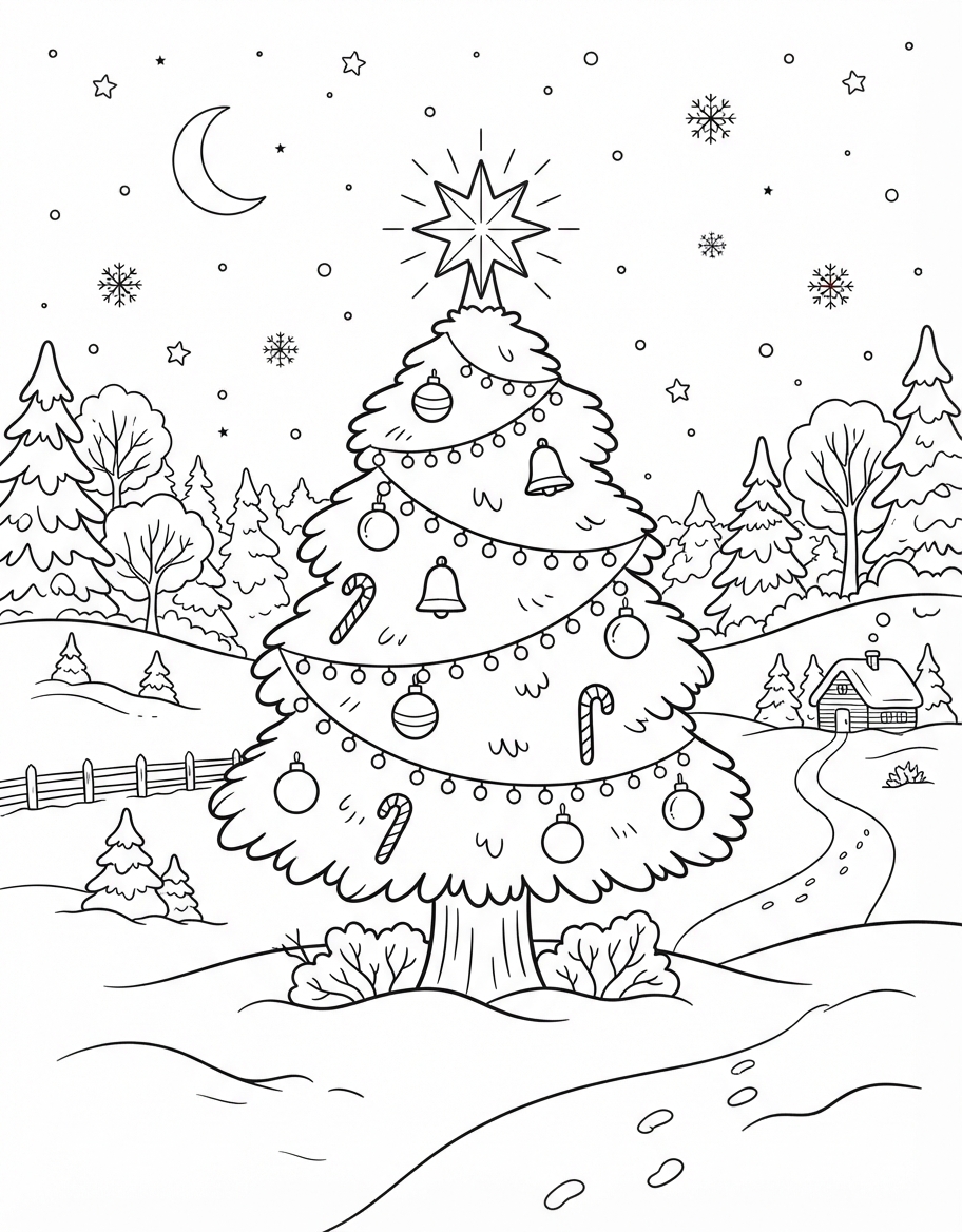 Fluffy Christmas Tree with Star in Winter Wonderland coloring page - free printable outline