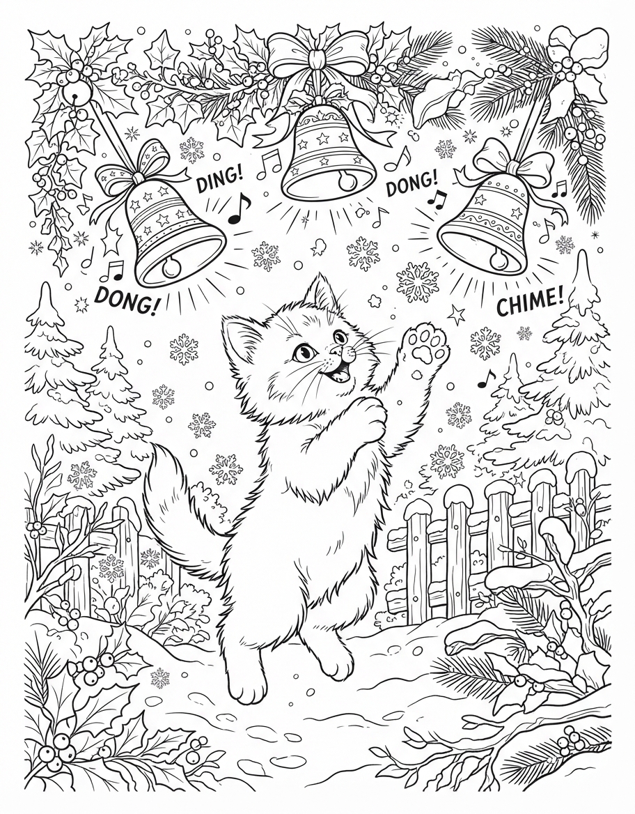 Fluffy Kitten Catching Snowflakes with Ringing Christmas Bells coloring page - free printable outline