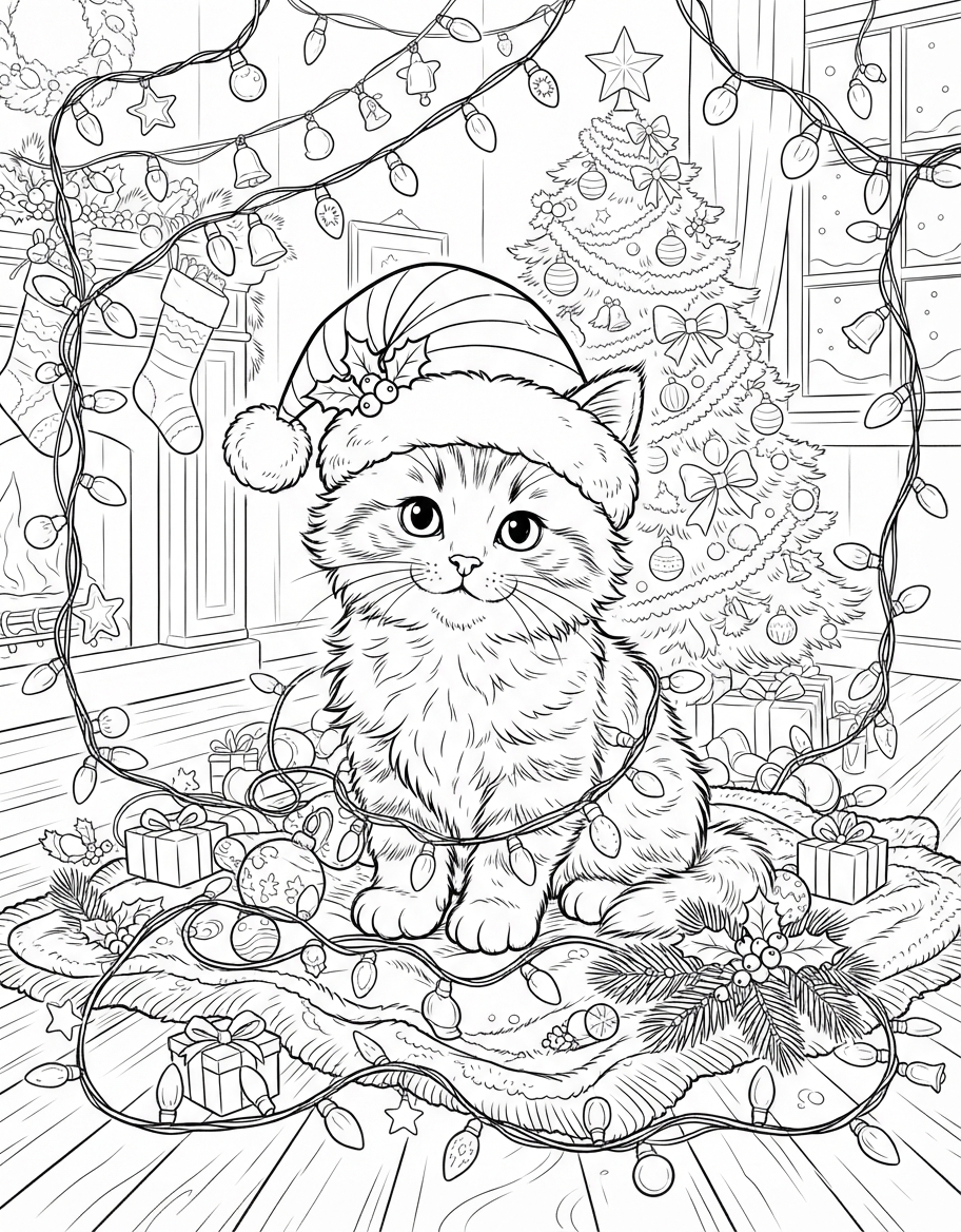 Fluffy Kitten in Santa Hat surrounded by Christmas Lights coloring page - free printable outline