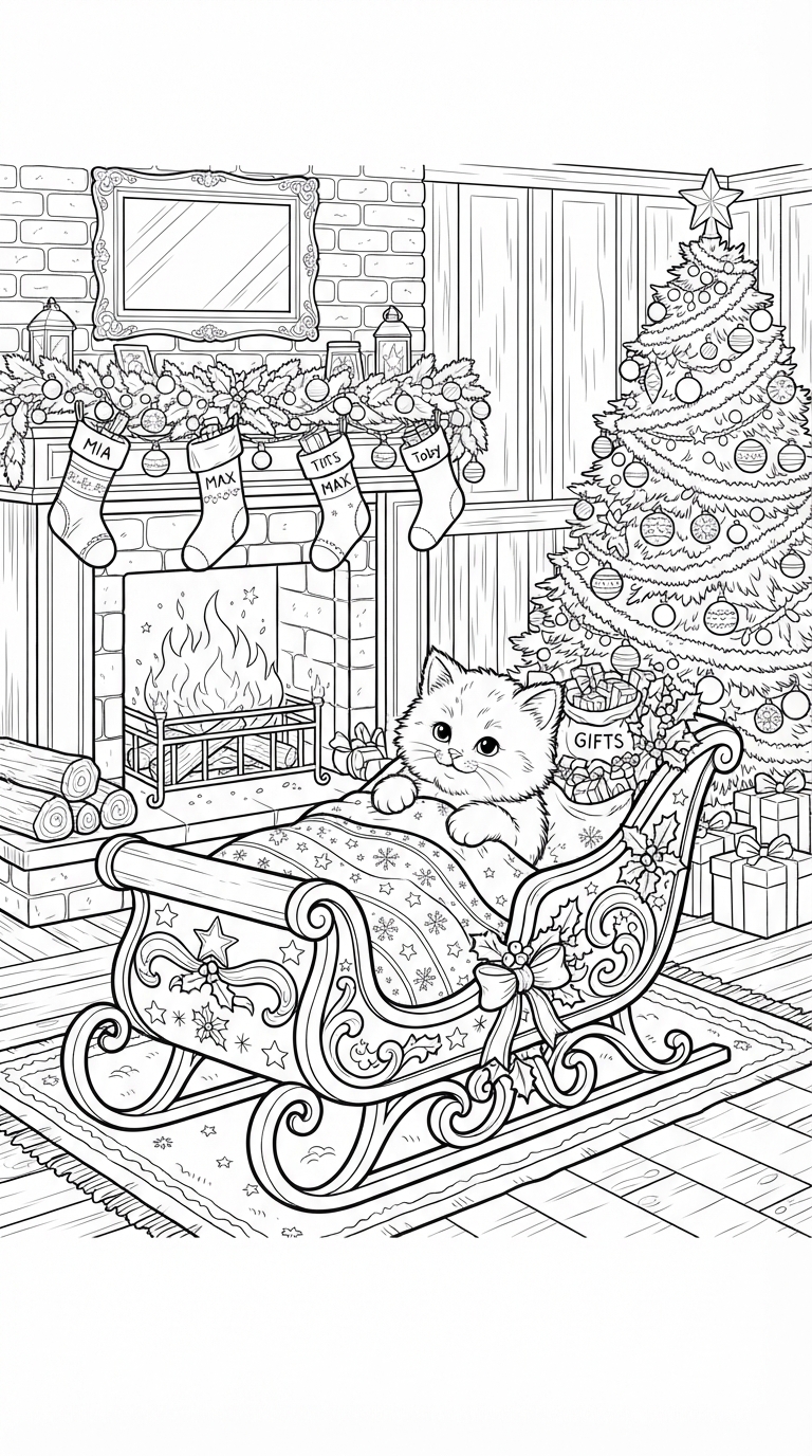 Fluffy Kitten on Santa Sleigh by the Cozy Fireplace coloring page - free printable outline