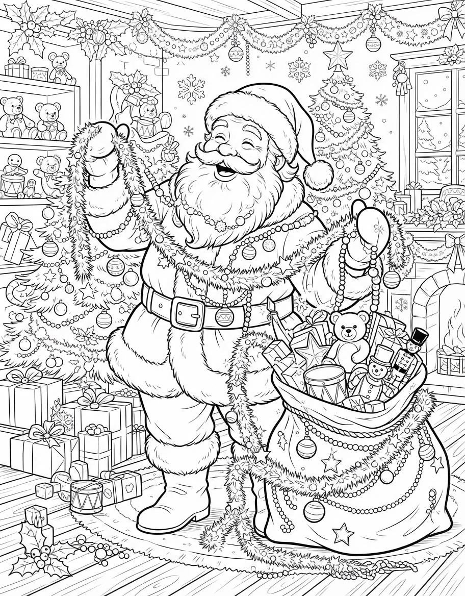 Fluffy Santa Claus with Toy Bag playing with Holiday Tinsel coloring page - free printable outline