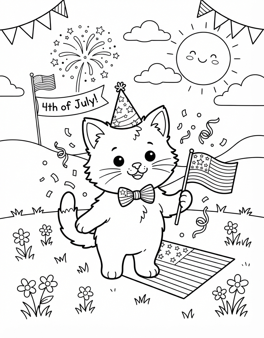 Fourth of July Kitten coloring page - free printable outline