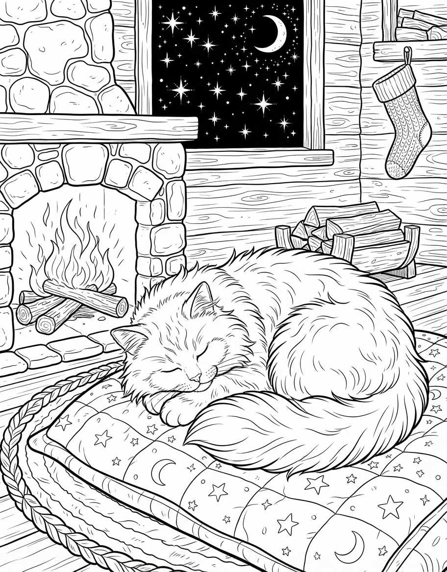 Frosty Fluffy Cat Sleeping by Fire under Twinkling Stars coloring page - free printable outline