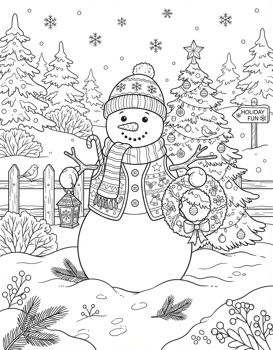 Frosty Snowman with Scarf decorated for the Holidays coloring page - free printable outline