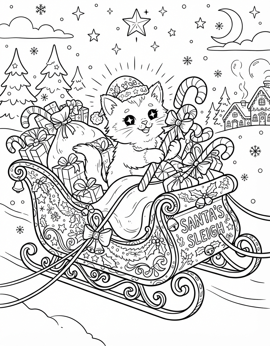 Glowing Kitten on Santa Sleigh with Peppermint Candy Canes coloring page - free printable outline