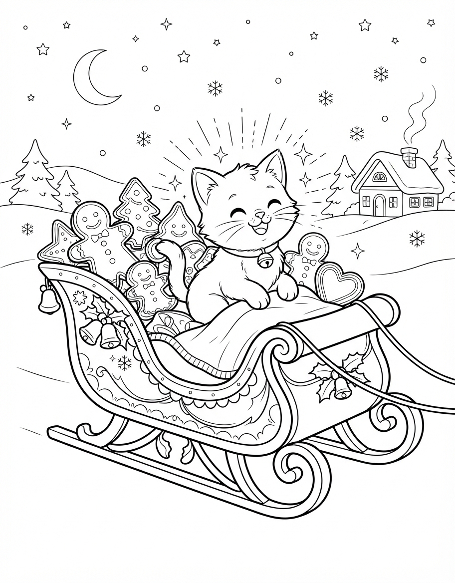 Glowing Kitten on Santa Sleigh with Yummy Gingerbread Cookies coloring page - free printable outline