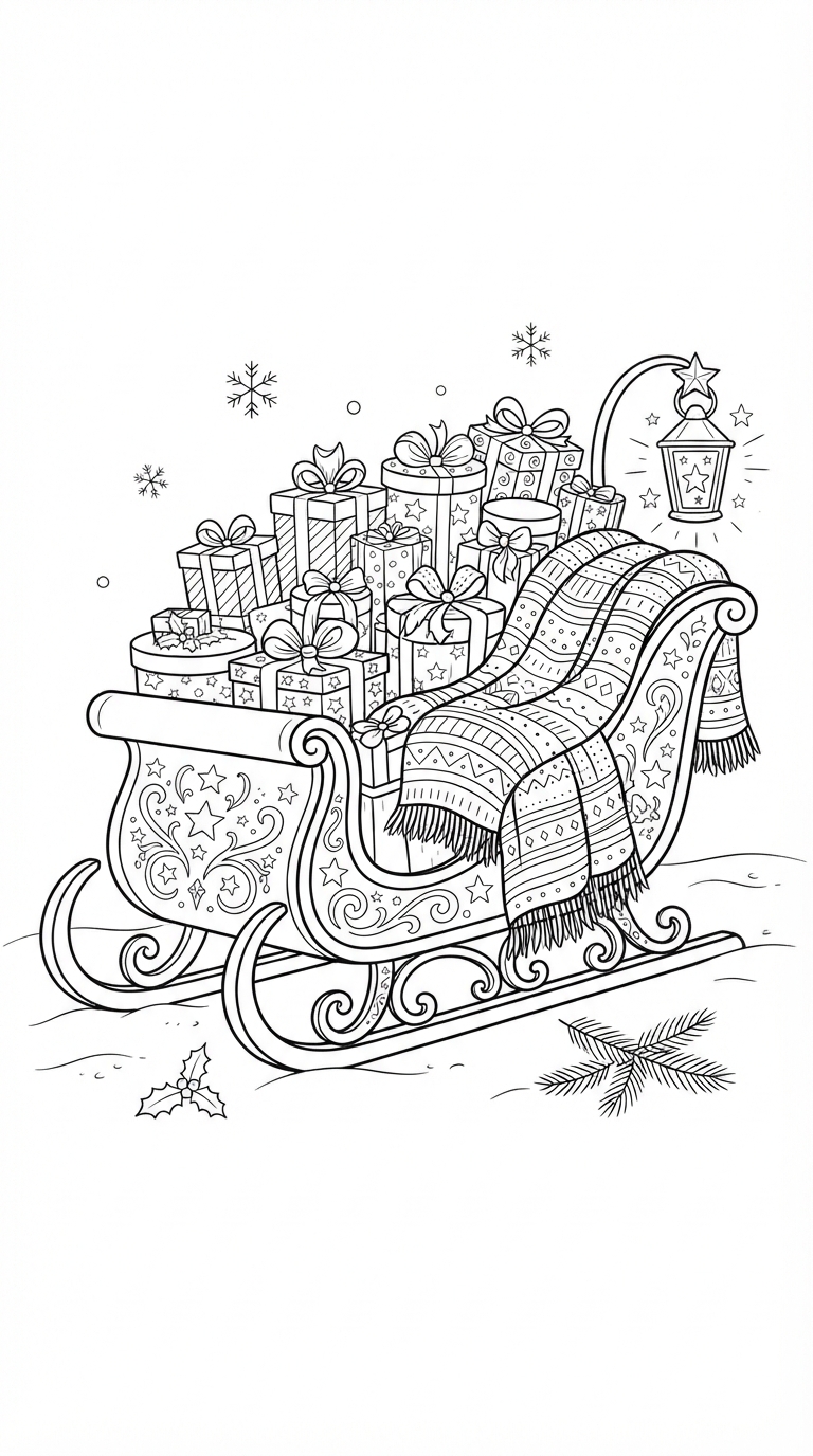 Glowing Sleigh Full of Presents wrapped in a Cozy Blanket coloring page - free printable outline