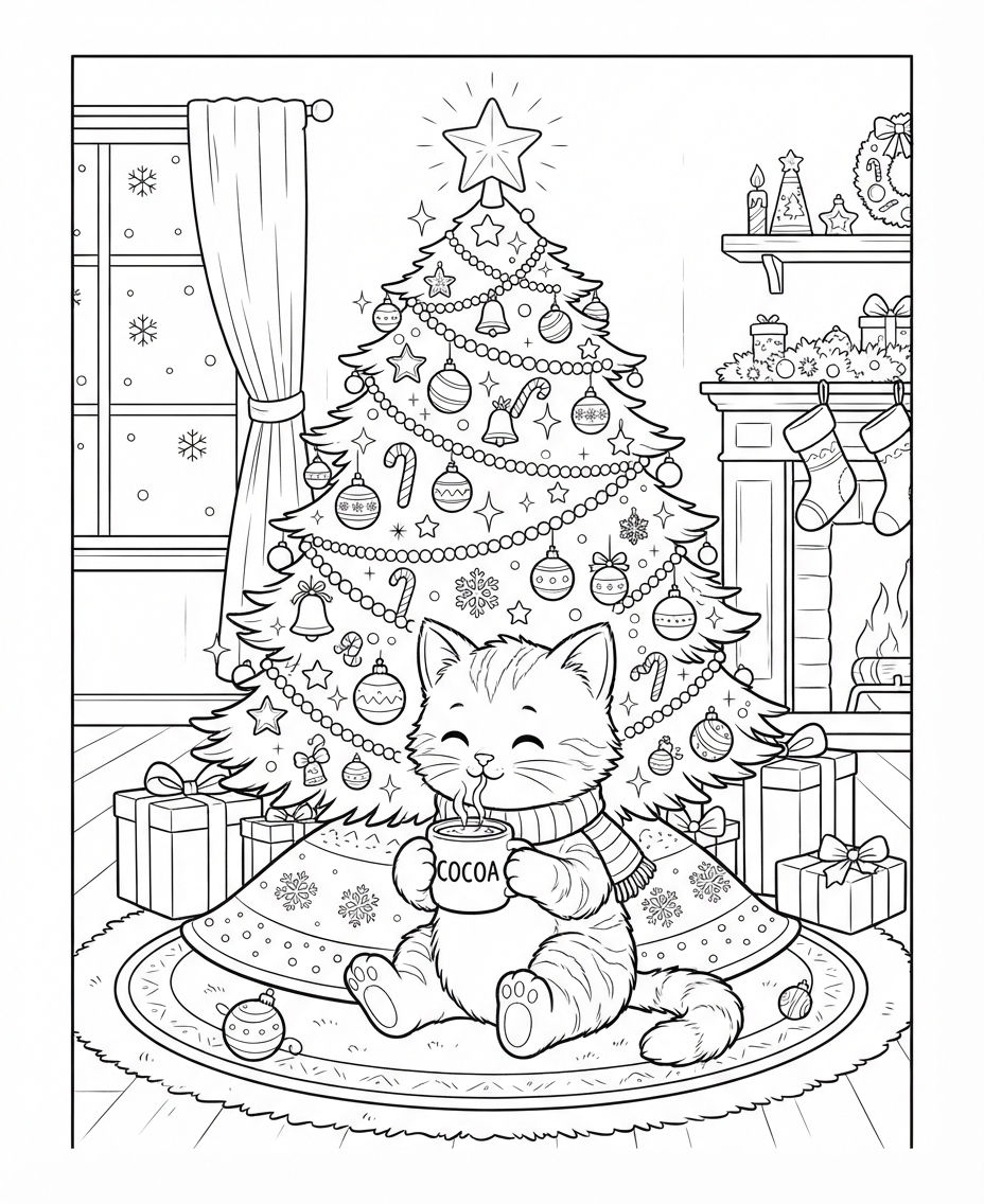 Golden Kitten Sipping Hot Cocoa under the Sparkling Christmas Tree coloring page - free printable outline