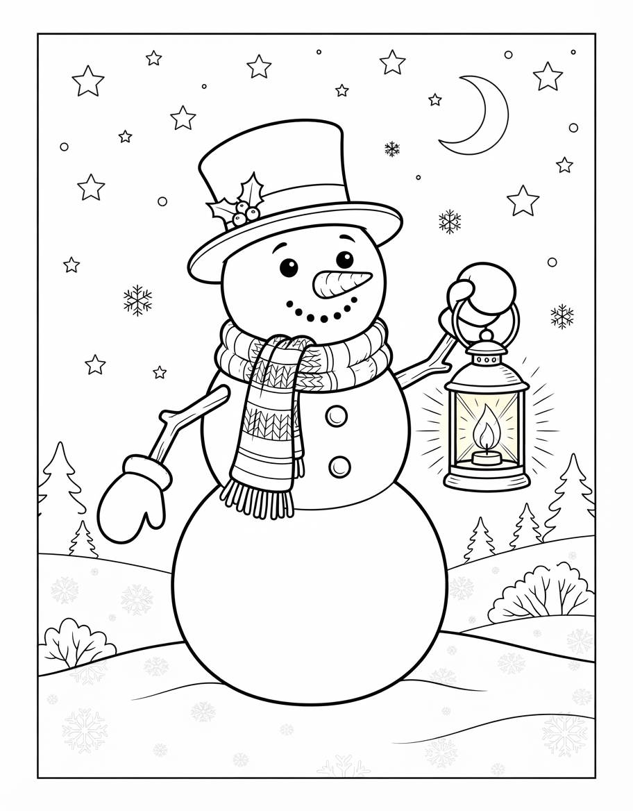 Golden Snowman with Scarf holding a Glowing Lantern coloring page - free printable outline