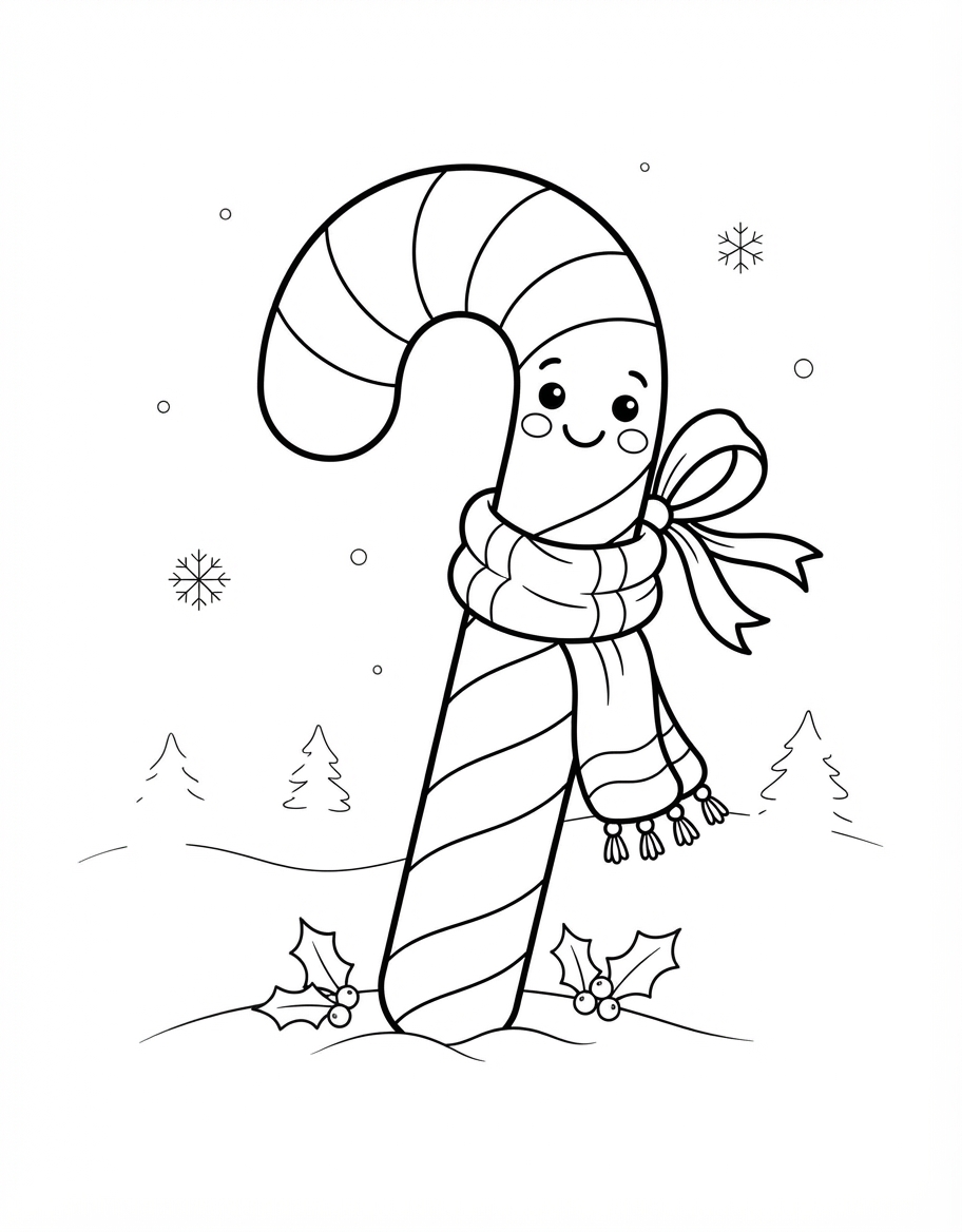Happy Candy Cane with Ribbon wearing a Soft Winter Scarf coloring page - free printable outline
