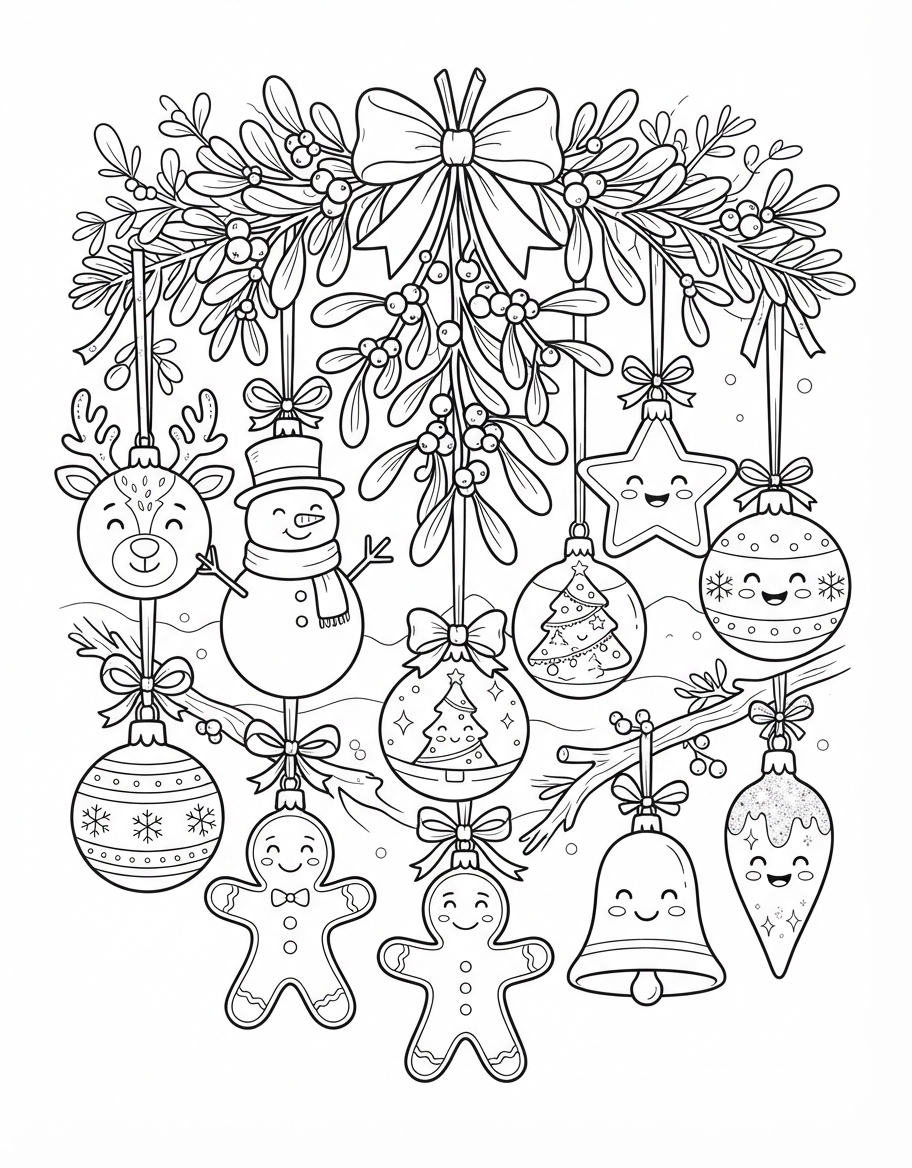 Happy Christmas Ornaments & Baubles under the Mistletoe coloring page - free printable outline