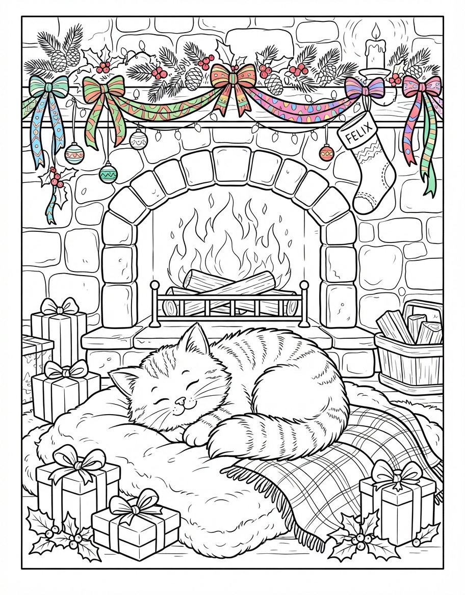 Happy Fluffy Cat Sleeping by Fire with Festive Ribbons coloring page - free printable outline