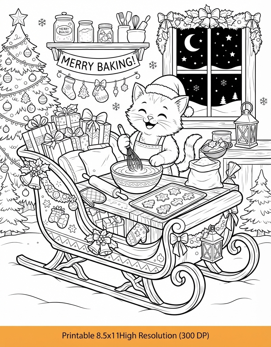 Happy Kitten on Santa Sleigh baking Holiday Treats coloring page - free printable outline