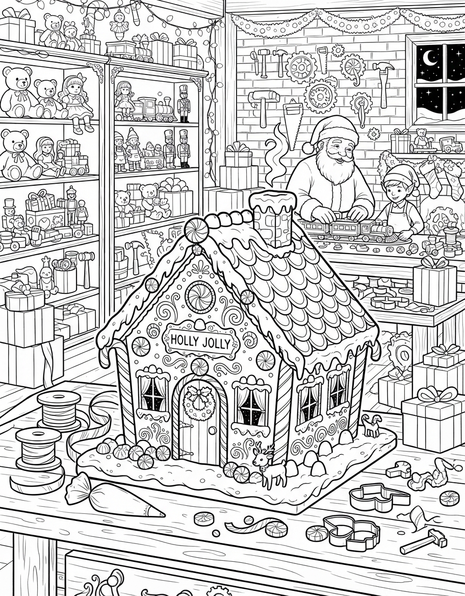 Holly Jolly Gingerbread House with Icing in Santa's Workshop coloring page - free printable outline