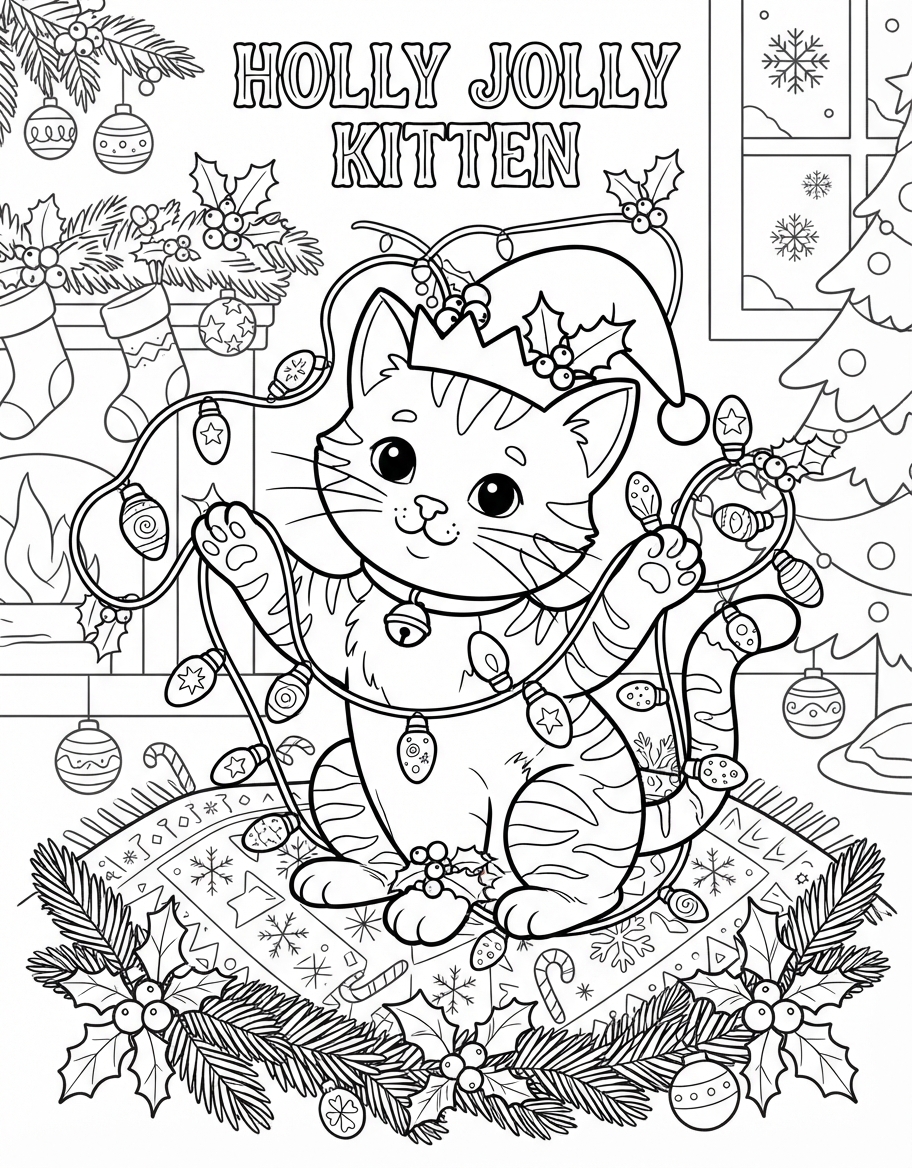 Holly Jolly Kitten with Holiday Lights with Holly and Berries coloring page - free printable outline