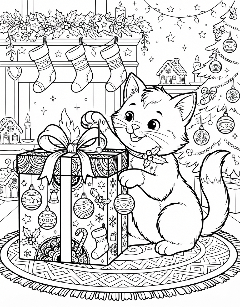 Holly Jolly Kitten with Present Box with Golden Baubles & Ornaments coloring page - free printable outline