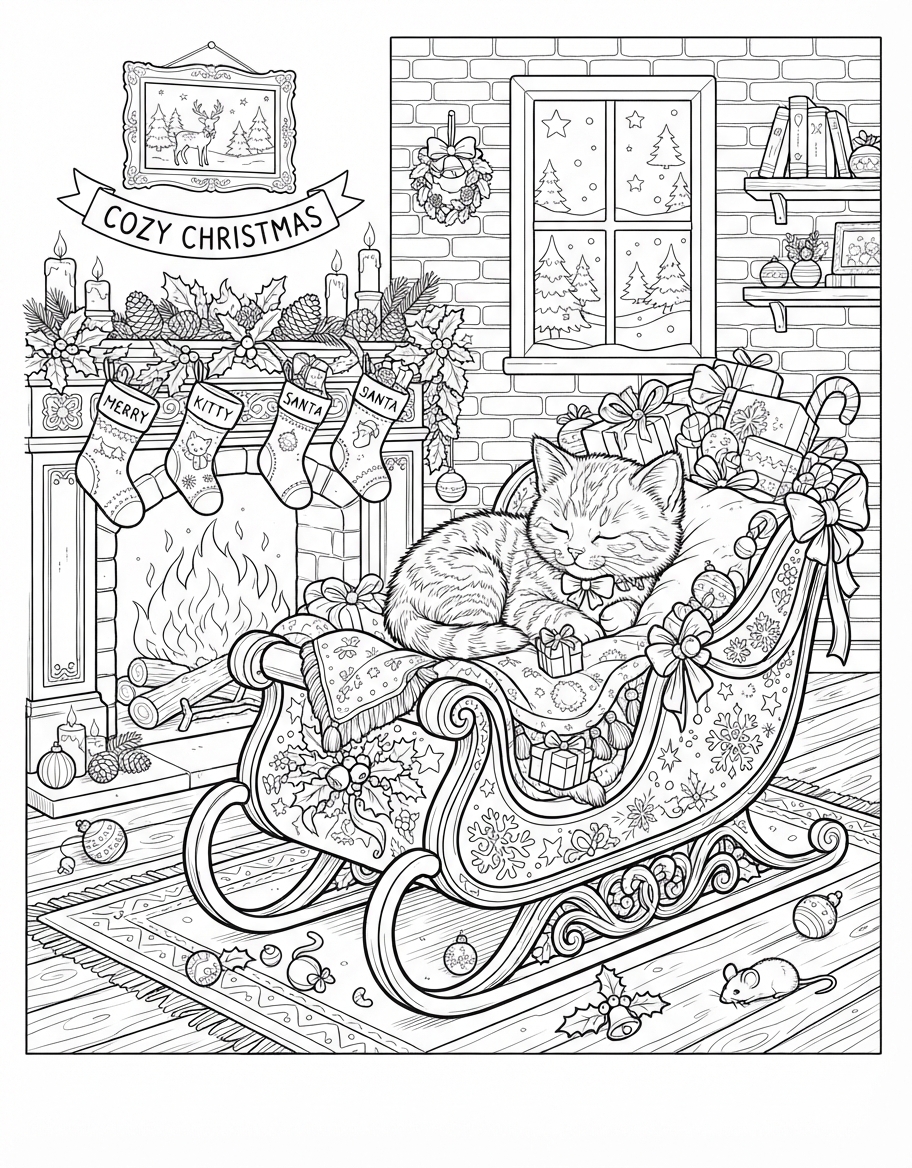 Intricate Kitten on Santa Sleigh by the Cozy Fireplace coloring page - free printable outline