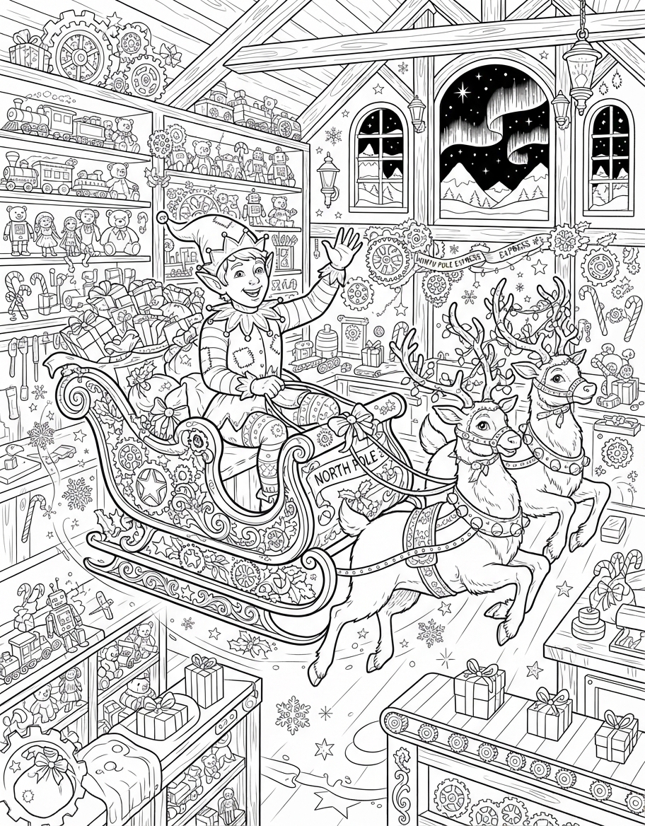 Intricate North Pole Workshop Elf on a Magical Sleigh Ride coloring page - free printable outline