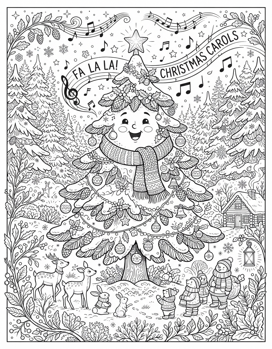 Intricate Snowy Pine Tree singing Joyful Christmas Carols coloring page - free printable outline